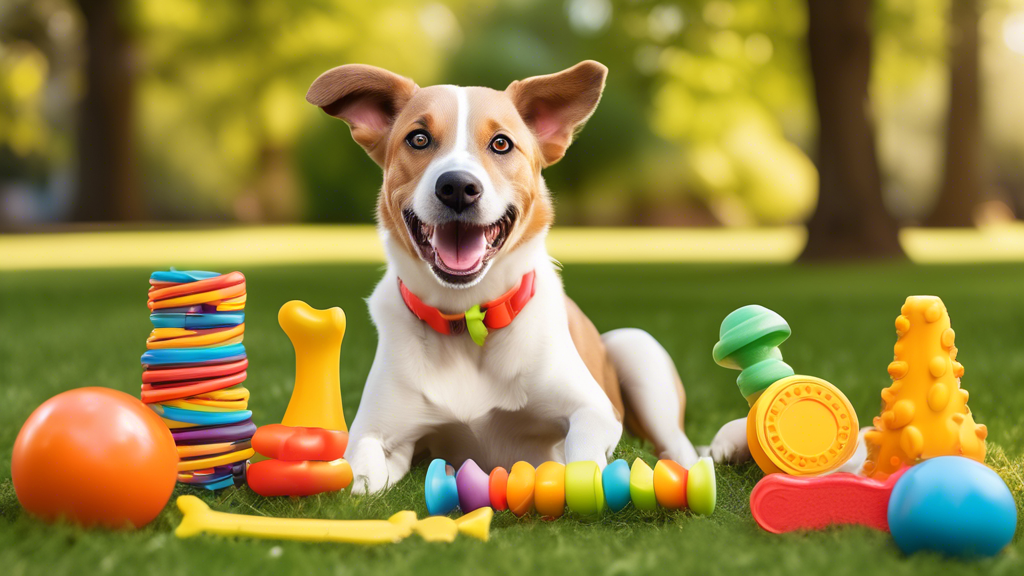 Create an image of a cheerful, healthy dog surrounded by a variety of colorful and natural edible chew toys in a playful outdoor setting. The chew toys should include shapes like bones, sticks, and ot