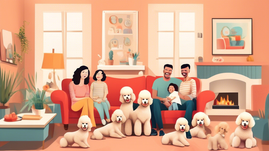 Create an image of a cheerful family in a cozy home, surrounded by playful and adorable miniature poodles. Display a sign that reads Affordable Miniature Poodles Under $500. The poodles should come in