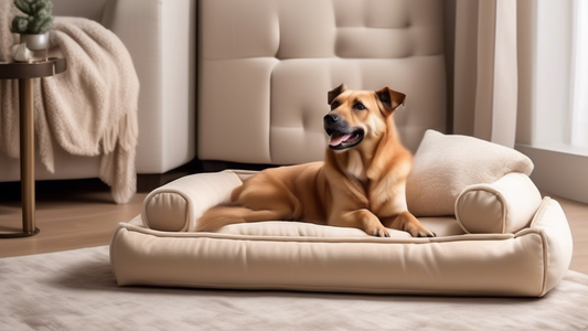 Create an image of a cozy, luxurious setting with various high-end dog beds displayed. Each bed should feature different premium materials such as memory foam, orthopedic support, and stylish designs.