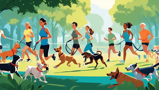 A joyful scene in a lush park with a variety of dogs and their owners running or jogging using different types of running leashes. The leashes range from hands-free waist belts to traditional handheld