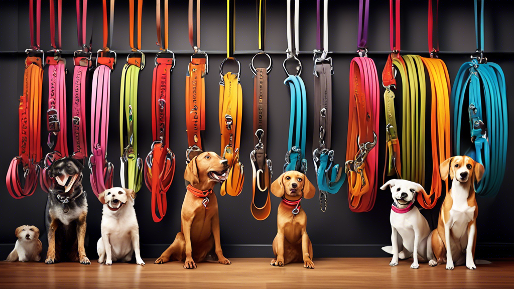 Create an image featuring an assortment of high-quality Reddy dog leashes in various colors and styles displayed on a rack. Include a happy dog owner selecting a leash with their excited pet beside th