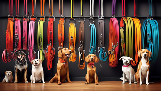Create an image featuring an assortment of high-quality Reddy dog leashes in various colors and styles displayed on a rack. Include a happy dog owner selecting a leash with their excited pet beside th