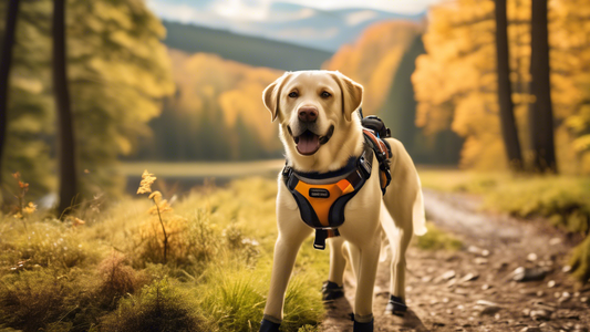 An energetic sporting dog, like a Labrador Retriever, outfitted with essential gear including a durable harness, a GPS collar, protective boots, and a high-visibility vest, standing in a scenic outdoo