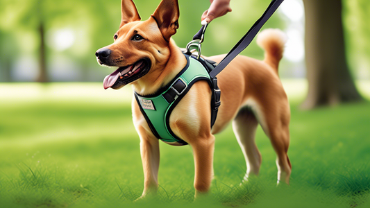 Create an image of a happy dog wearing a comfortable, well-fitted harness designed to prevent pulling, walking calmly beside its owner in a lush green park. The harness should look modern and secure, 