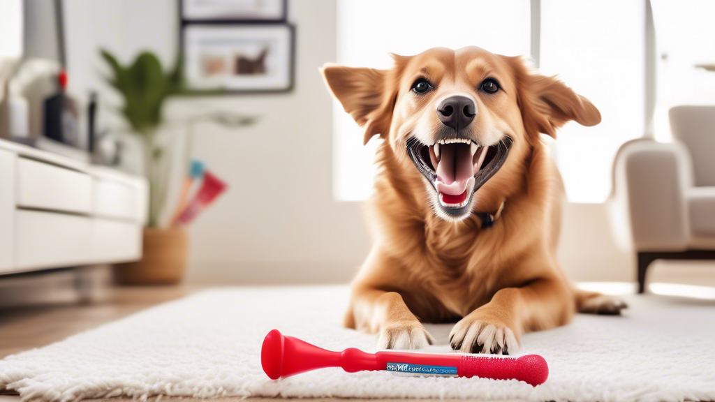 Create an image of a happy dog chewing on a Kong Dental Stick in a bright, clean living room. The dog appears healthy with a shiny coat and clean teeth. In the background, there are other pet dental c