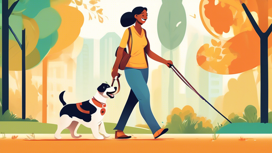 Create an image of a happy dog owner walking their dog with an Atlas Leash in a picturesque park. The dog looks comfortable and well-behaved, and the owner is smiling, showcasing the ease of use and s