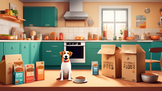 A cozy kitchen setting with a happy dog eagerly awaiting its meal, with various branded dog food delivery boxes around him. The scene should include fresh, high-quality ingredients and a calendar mark