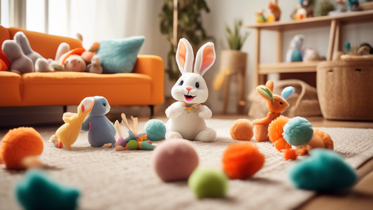 Create an image of a happy rabbit playing with a variety of plush toys designed specifically for rabbits. The scene is set in a cozy, well-decorated living room, with the rabbit interacting joyfully w