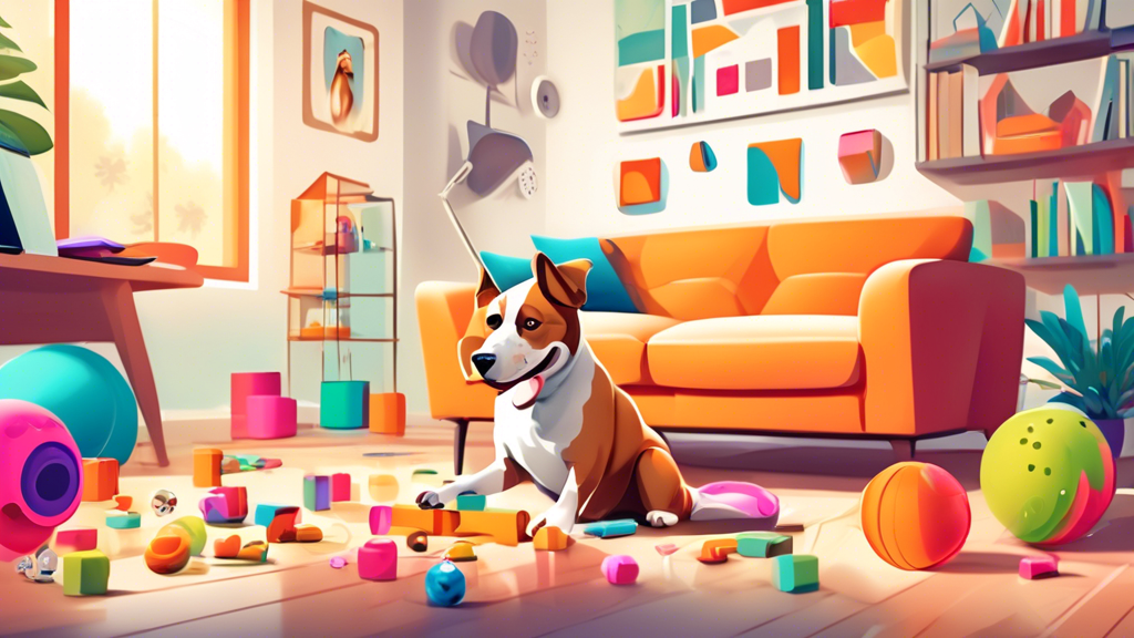 A bright, modern living room with several innovative dog toys scattered around, such as puzzle feeders, automatic ball launchers, and interactive treat dispensers. In the center, a happy dog engages w