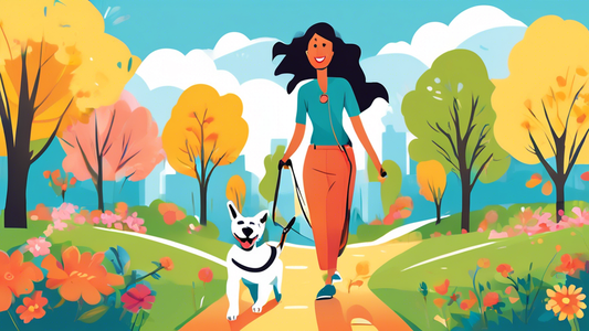 Create an image of a happy dog owner enjoying a sunny day walk in a park, effortlessly using a quick release dog leash. The leash should be prominently shown as easy to detach with a simple mechanism,