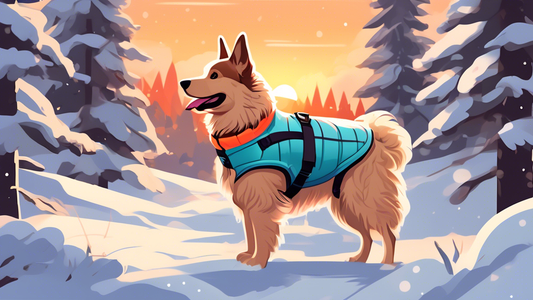 A fluffy dog wearing a stylish, insulated winter coat with an integrated harness, standing in a snowy forest. The coat is a bright, cheerful color with reflective strips for safety. The dog looks comf