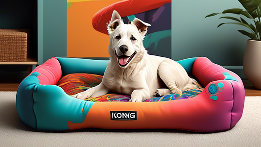 Create a high-quality image of a durable dog bed designed by Kong, showcasing the chew-proof technology. The bed should feature tough, resilient materials in a stylish design, with a happy, playful do