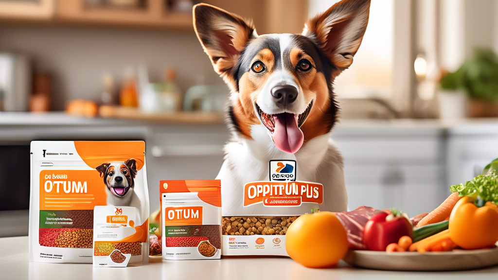 Create an image of a happy, healthy dog enjoying a nutritious meal in a bright and cheerful kitchen setting. The dog's food bowl is labeled Optum Plus and filled with a colorful, balanced diet consist
