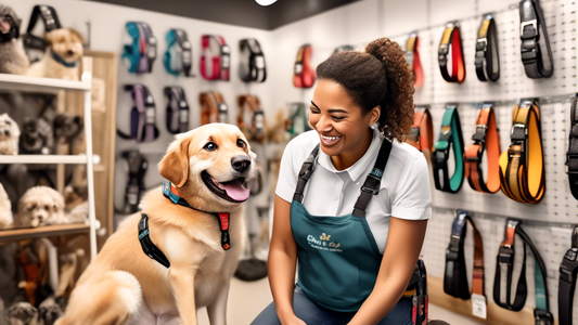 Create an image of a cozy pet store with a variety of dog harnesses on display. The harnesses come in different colors, patterns, and sizes, some adorned with names and customization options. In the f