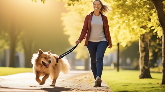 Create an image of a happy dog owner walking their dog, both appearing relaxed and content. The dog is wearing a visibly ergonomic, anti-pull dog lead, with the environment showing a peaceful park set