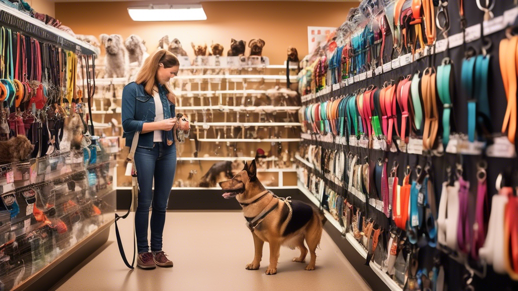 A meticulously organized pet store aisle filled with various dog harnesses and leashes in different colors, sizes, and styles. A thoughtful dog owner, accompanied by a cheerful, well-behaved dog of me