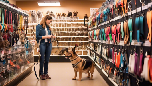 A meticulously organized pet store aisle filled with various dog harnesses and leashes in different colors, sizes, and styles. A thoughtful dog owner, accompanied by a cheerful, well-behaved dog of me