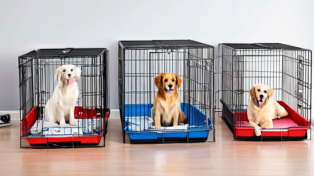 A detailed and vibrant image showcasing various top-rated dog crates designed specifically for medium-sized breeds. The scene includes different styles such as wire, plastic, and soft-sided crates, ea