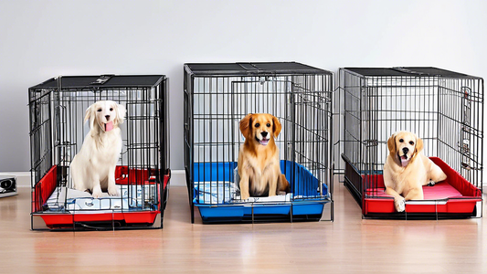 A detailed and vibrant image showcasing various top-rated dog crates designed specifically for medium-sized breeds. The scene includes different styles such as wire, plastic, and soft-sided crates, ea