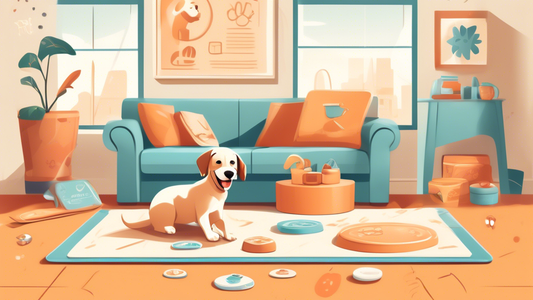 Create a detailed illustration of a cheerful, modern living room scene, showcasing a young, energetic puppy successfully using puppy training pads. Include a neatly placed training pad with paw prints