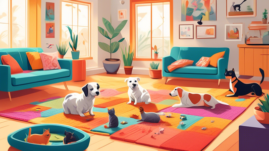 A cozy scene featuring a variety of pets (dogs, cats, small animals) happily engaging with colorful snuffle mats in a home setting, showcasing the benefits of mental stimulation, enrichment, and stres
