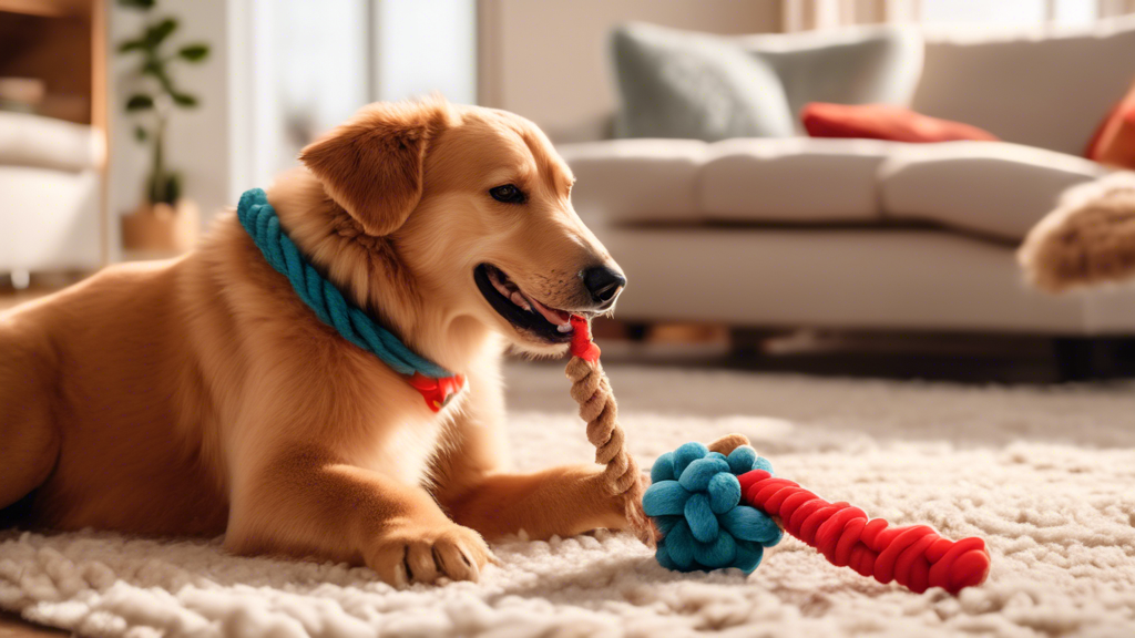 Create an image of a happy dog joyfully playing with a Kong Wild Knots Bear Toy. The scene is set in a cozy living room with soft lighting, showcasing the dog chewing on the toy while lying on a plush