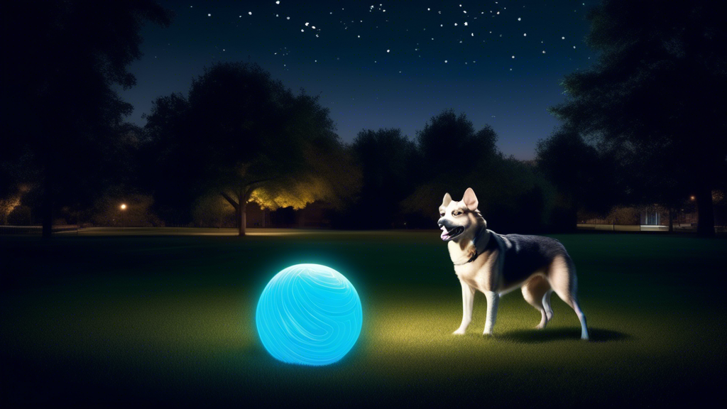 Create an image of a glowing ball in a dimly lit park. Show a dog joyfully playing fetch with its owner at night. Highlight the ball's bright glow, making it the focal point, and include elements like