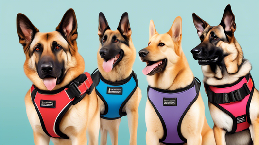 Create an image of a variety of high-quality dog harnesses designed specifically for large breeds. Display the harnesses in different colors and styles, shown both individually and on large breed dogs