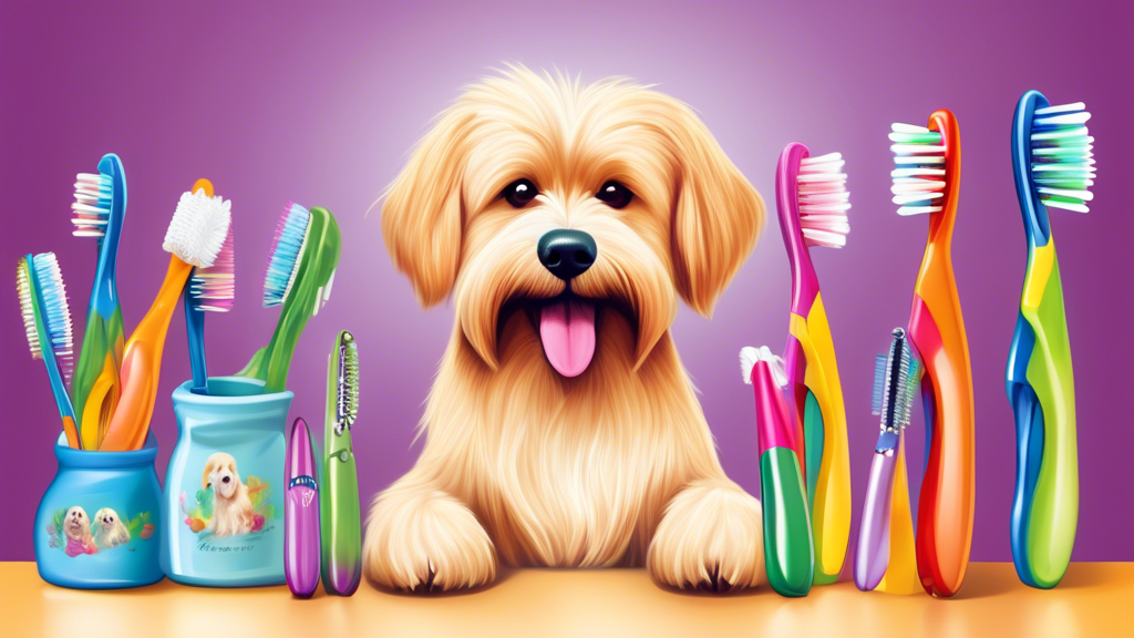 Create an image of a happy, well-groomed dog sitting beside a variety of toothbrushes designed specifically for pets. The toothbrushes should be colorful and diverse in shape and size, indicating opti
