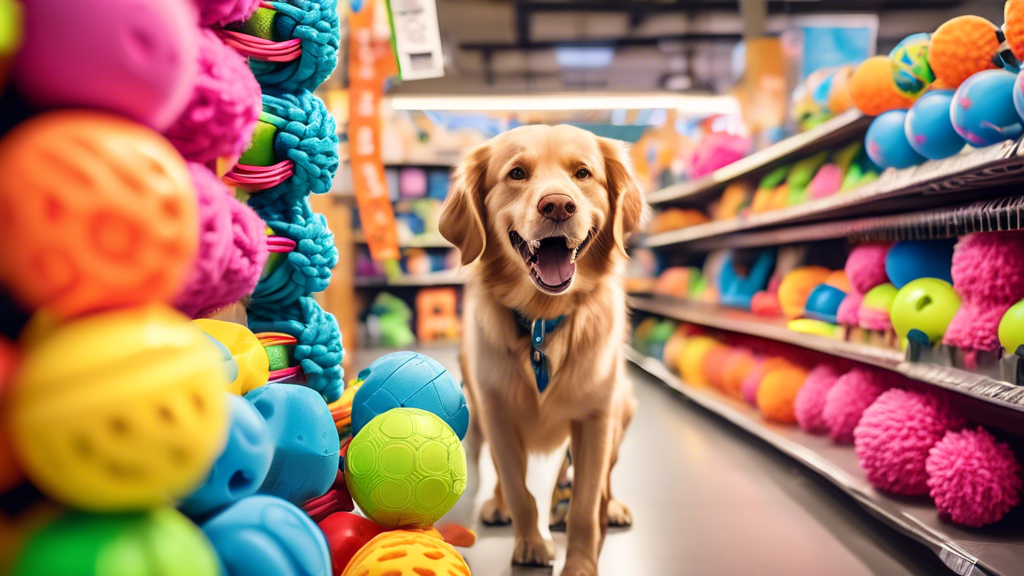 A brightly lit pet store aisle showcasing a variety of durable dog toys designed for tough chewers, including reinforced rubber balls, heavy-duty ropes, and indestructible chew bones. Each toy is labe