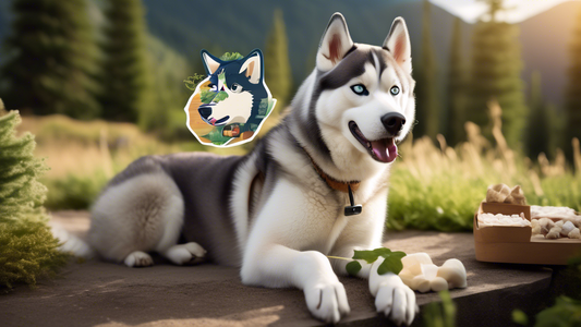 Create an illustrative scene showing a Siberian Husky attentively listening to a trainer in a beautiful outdoor setting filled with greenery and mountains. The trainer is holding a clicker and some tr