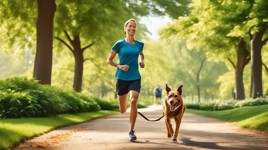 Create an image of a runner in a scenic park setting, using a high-quality, hands-free dog running lead attached to their waist. The runner appears happy and energetic, and the dog, a medium-sized bre