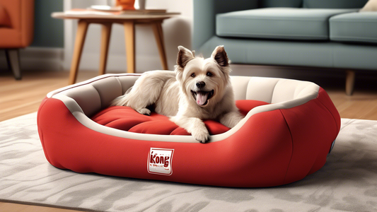 Illustration of a cozy, well-designed Kong Dog Bed with a happy, relaxed dog lying on it. Show the bed in a stylish, modern living room setting. Highlight features like plush cushioning, durable mater
