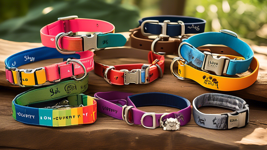 Create an image of a variety of high-quality dog collars displayed in an outdoor, nature-filled setting, with a subtle branding of 'Lion Country Supply' visible on a sign or tag. Include different typ