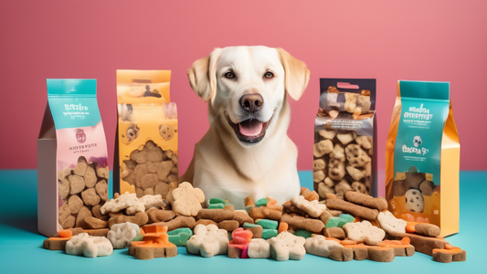 Create a vibrant and engaging image showcasing a variety of premium dog treats. Include a diverse range of treats such as gourmet biscuits, organic chews, and luxurious snacks, all arranged in an appe
