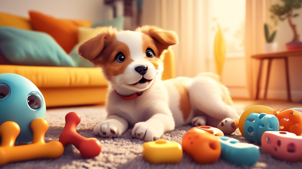 An adorable puppy happily playing with a variety of chew toys in a cozy living room, as a person gently and positively reinforces good behavior. Bright, warm colors and a sense of calm and joy.