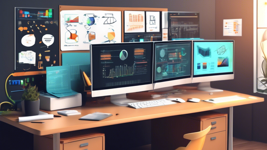 Create an image depicting a modern webmaster workspace with a computer displaying coding software, various webmaster tools like SEO analyzers, website analytics dashboards, and a VR headset on the des