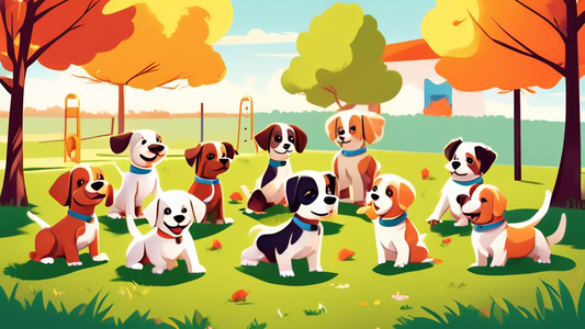 A diverse group of adorable puppies of various breeds engaging in a training session in a sunny, grassy park, with colorful training equipment and a friendly instructor guiding them, in a cartoon styl