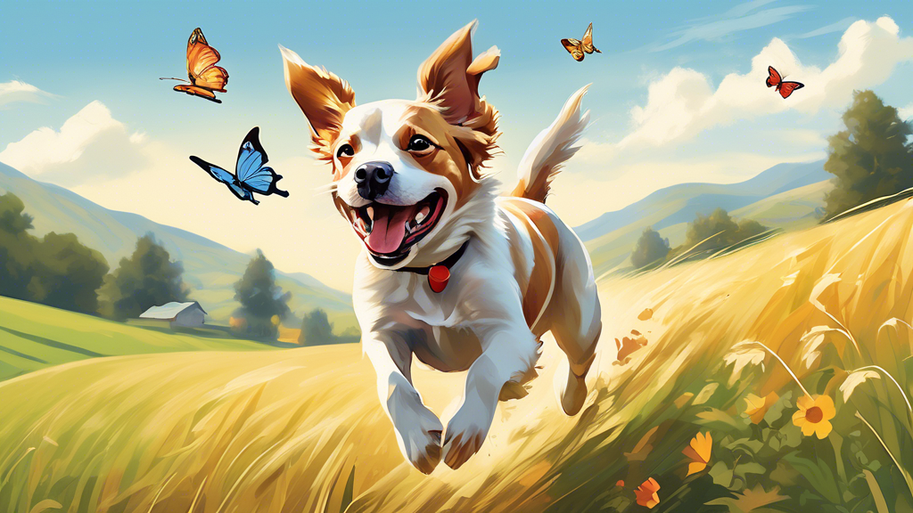 Create an image of a joyful dog running freely through an open field, with a scenic background of rolling hills and a bright blue sky. Show the dog with its ears flapping in the wind and a big, happy 