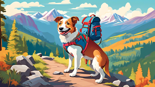 Create a detailed and vibrant image of a happy dog wearing a colorful and well-fitted backpack harness, standing alongside its owner on a scenic mountain trail. The backdrop should feature picturesque
