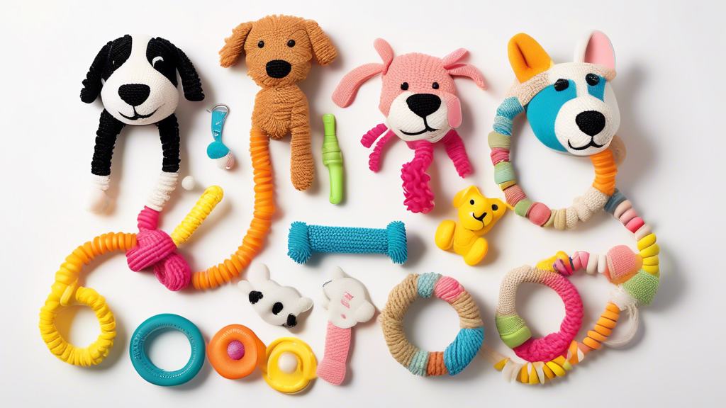 Create an image of a variety of vibrant, fun, and durable dog teething toys displayed in an aesthetically pleasing arrangement. Include different types of toys such as ropes, plush animals, rubber rin
