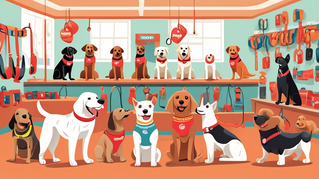 Illustration of a cheerful, diverse group of dogs wearing different types of Kong harnesses. The background is a cozy pet store with a display of various harness options. Some dogs are being measured 