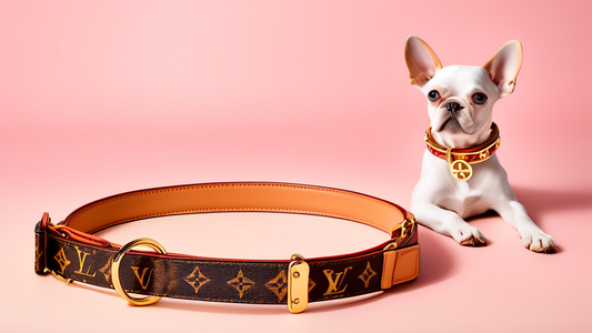 A stylish studio photoshoot of a luxurious Louis Vuitton dog collar and leash collection, showcasing a variety of elegant designs and vibrant colors. The collars and leashes are adorned with the iconi