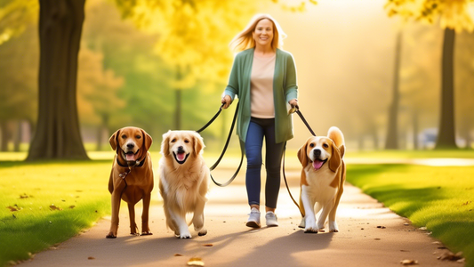 Create an image showing a happy dog owner walking two well-behaved dogs on a double leash through a scenic park. The dogs, one a Golden Retriever and the other a Beagle, look content and are comfortab