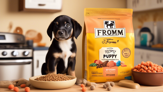 A heartwarming scene of a cheerful puppy sitting next to a bag of Fromm Puppy Food in a cozy kitchen. The kitchen is adorned with bright, warm colors, and the puppy is looking up excitedly at a bowl f