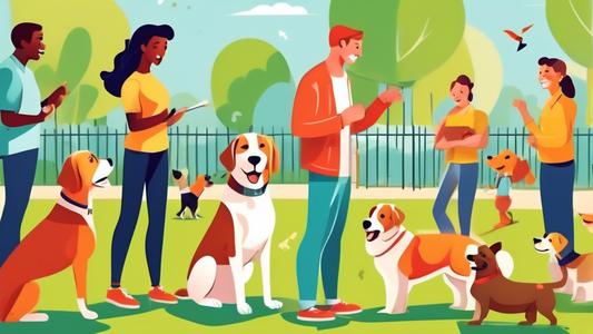 A bright and cheerful scene in a local park where friendly dog trainers are interacting with enthusiastic dogs of various breeds. The trainers are demonstrating various training techniques with dogs p