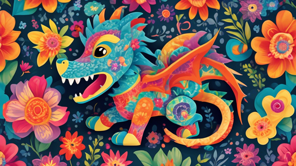 Create an image of a playful and colorful dragon-shaped dog toy with intricate scales and friendly eyes. Surround the toy with a happy, energetic dog leaping towards it in a garden full of vibrant flo
