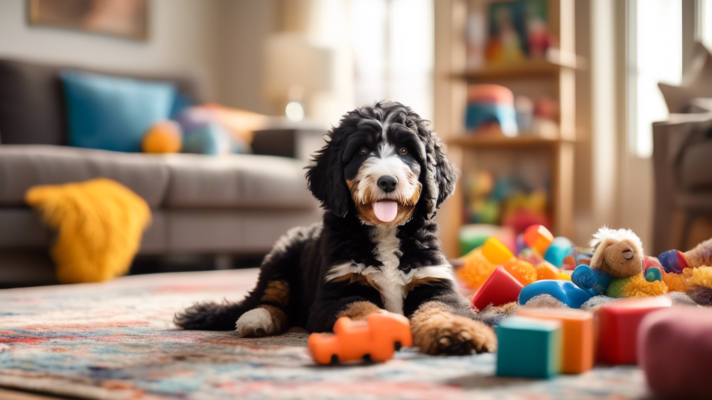Create an image of a joyful and playful Toy Bernedoodle surrounded by colorful toys in a cozy living room. The Bernedoodle should have fluffy, soft fur with a happy expression, highlighting its petite