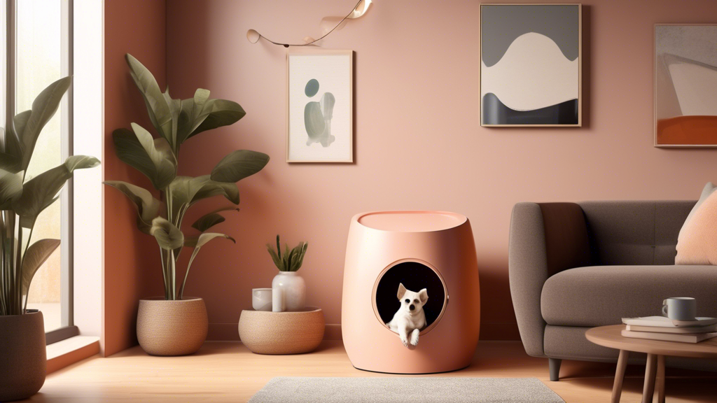 A cozy indoor living room setting with a small dog happily using a stylish, modern dog litter box placed discreetly in a corner. The room features warm, welcoming colors, contemporary furniture, and t