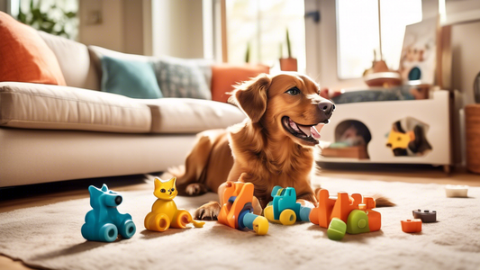 Create an image of a happy, energetic dog and curious cat actively engaging with Nina Ottosson puzzle toys in a cozy living room setting. The room is filled with colorful toys and pet-friendly decor, 